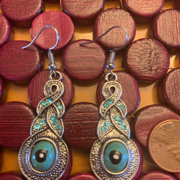 Hand painted turquoise and silver drop earrings - Picture 4 of 5